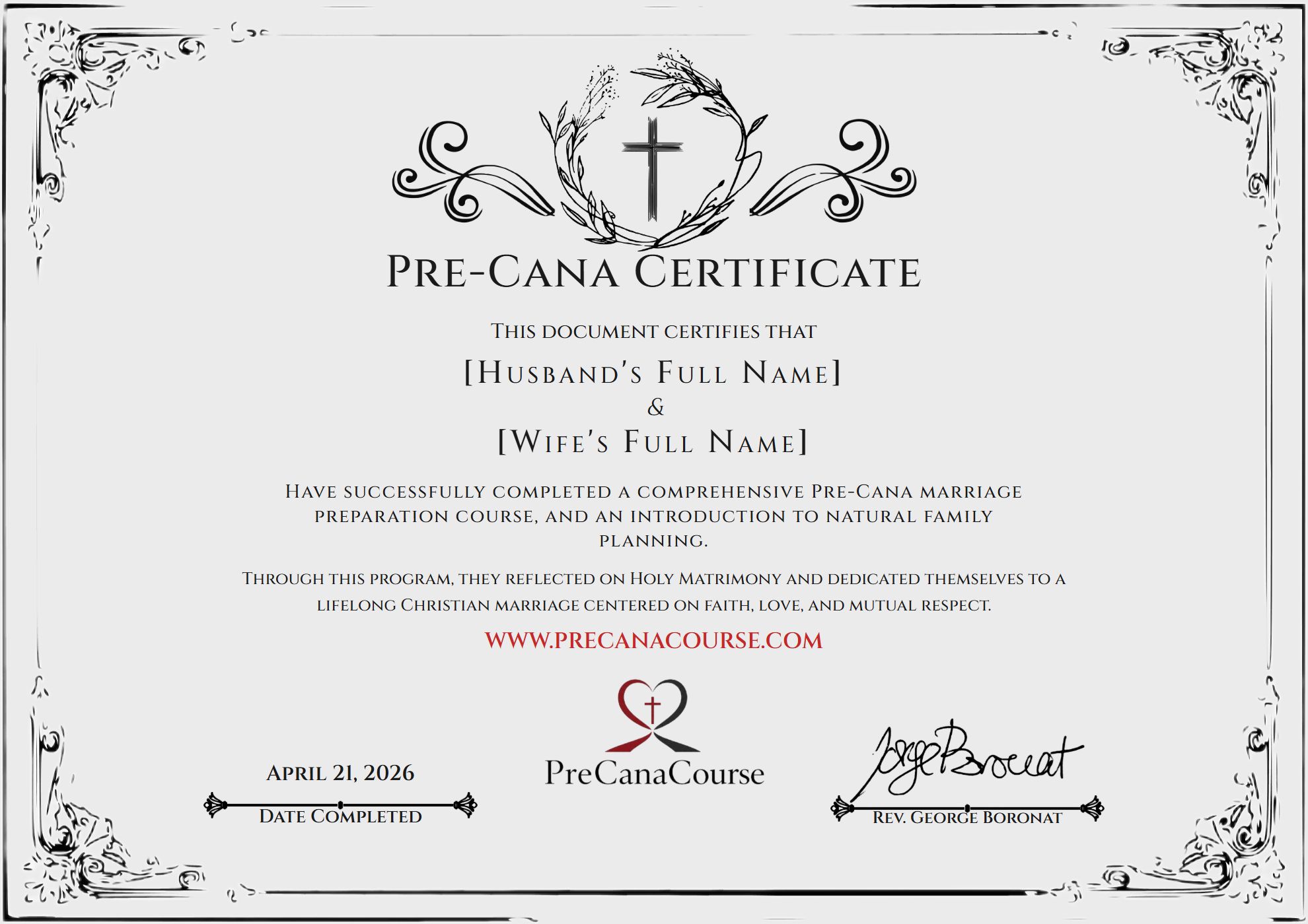 The Pre-Cana certificate of completion, signed by Rev. George Boronat