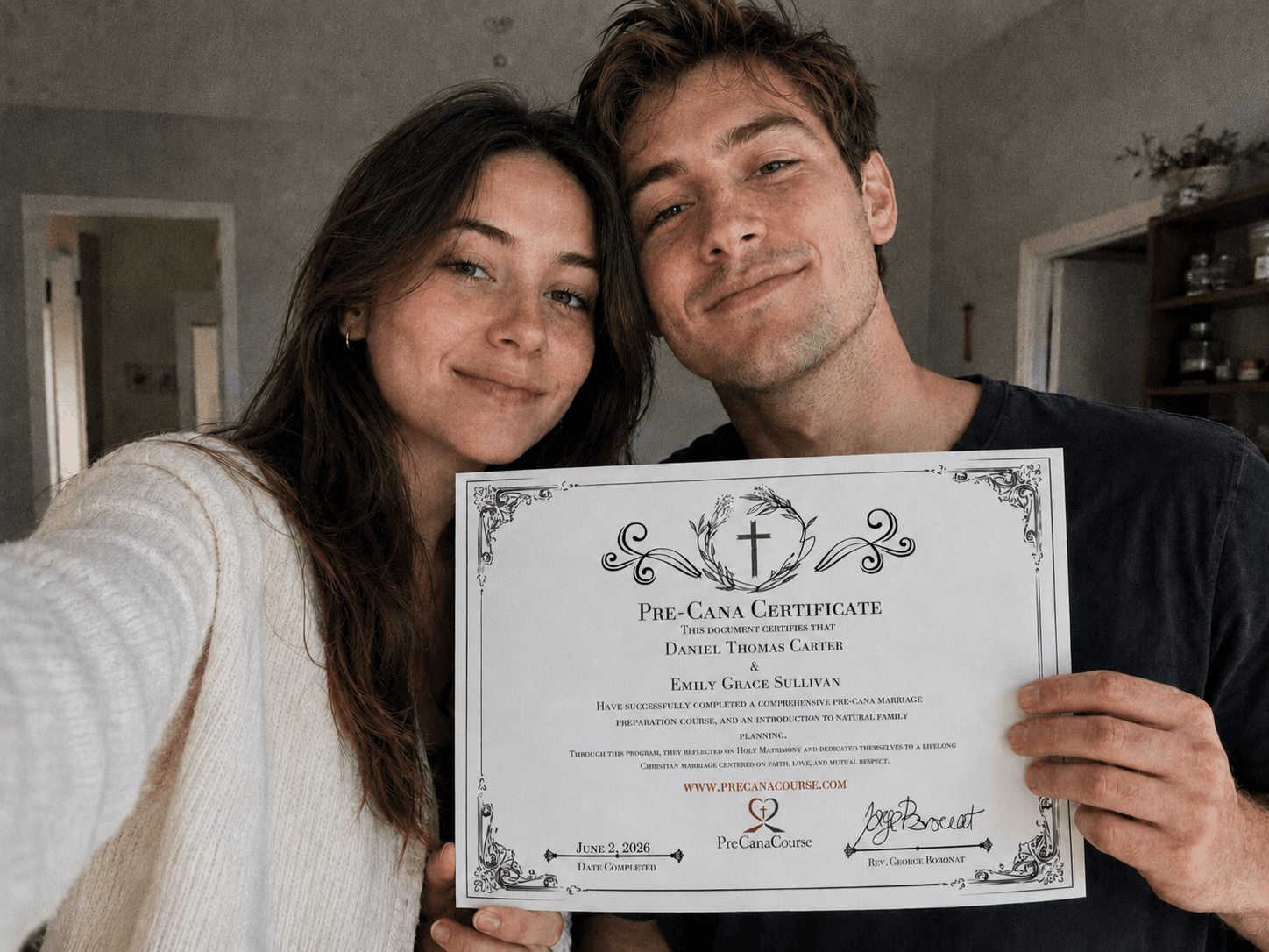 Daniel C. and Emily S. holding their Pre-Cana certificate of completion, Minneapolis, MN